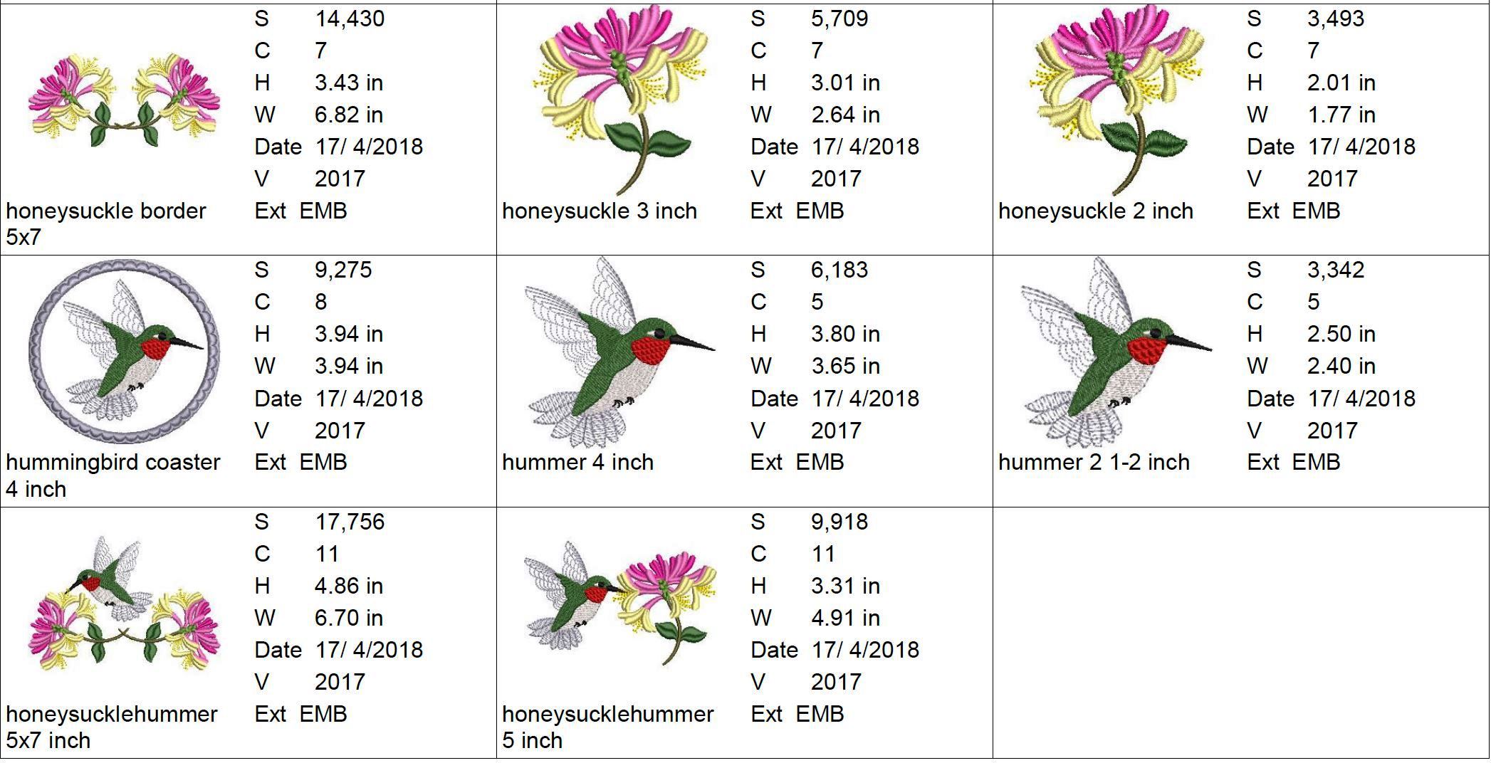 Size Chart honeysuckle hummers